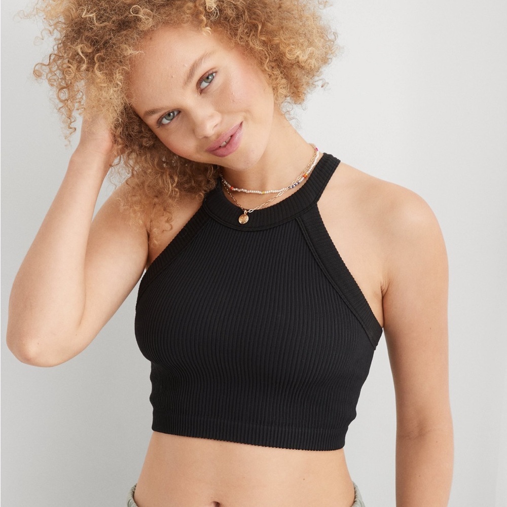 Aerie Women High Neck Black Ribbed Bra Top size XS